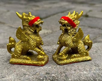 Par de mini estatuas de qilin de cobre, estatua de bendición de feng shui para el hogar, escultura de pixiu hecha a mano, adornos de la suerte, regalo de inauguración
