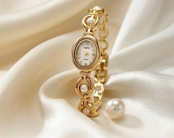 Reloj de pulsera pequeño, reloj vintage con brazalete de perlas, estilo japonés, elegante reloj de pulsera tono dorado.