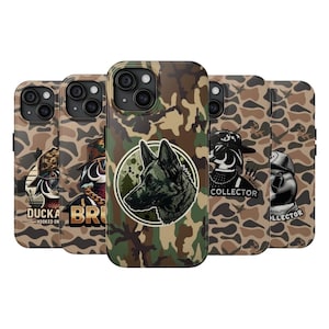 May include: A collection of camouflage-patterned phone cases. Each case features a unique graphic, including a German Shepherd, ducks, and the word "COLLECTOR". The cases are designed for a smartphone.