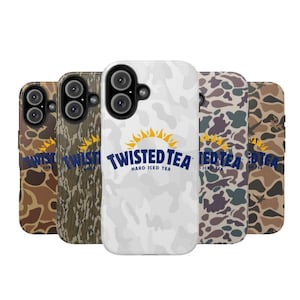May include: A collection of phone cases with various camouflage patterns. The cases feature the "Twisted Tea Hard Iced Tea" logo in blue and yellow. The cases are designed to fit a smartphone.