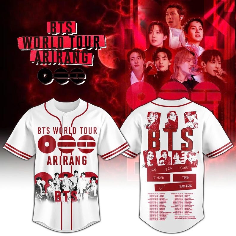 May include: White baseball jersey with red trim and the text "BTS WORLD TOUR ARIRANG". The front features a group photo and the back has band member images and tour dates. The jersey has short sleeves.