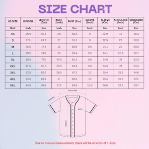 May include: Size chart for a jersey, with measurements in inches and centimeters. Includes US sizes XS to 5XL, with length, bust, sleeve, and shoulder measurements. A diagram of a jersey is at the bottom. Text at the bottom says, "Due to manual measurement, there will be an error of 1-3cm."