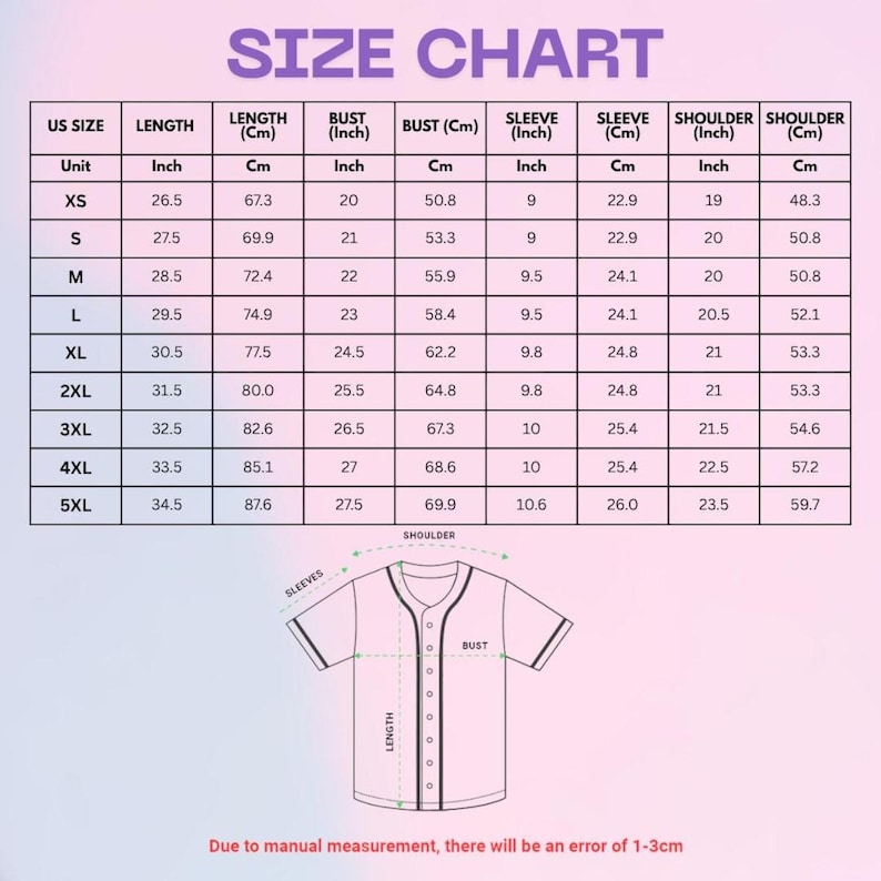 May include: Size chart for a jersey, with measurements in inches and centimeters. Includes US sizes XS to 5XL, with length, bust, sleeve, and shoulder measurements. A diagram of a jersey is at the bottom. Text at the bottom says, "Due to manual measurement, there will be an error of 1-3cm."
