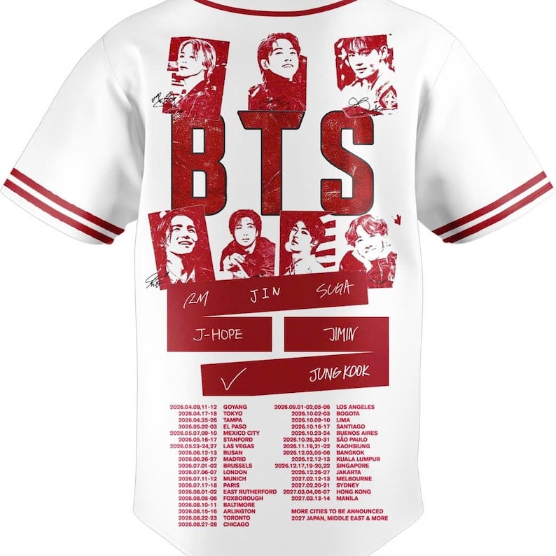 May include: White baseball jersey with red accents and a large "BTS" graphic. Features portraits of band members and a tour schedule. The sleeves have red stripes.