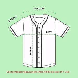 May include: A white baseball jersey with black trim, featuring labeled measurements for shoulder, sleeves, bust, and length. The text indicates a 1-3cm measurement error due to manual measurement. The jersey has a button-down front.