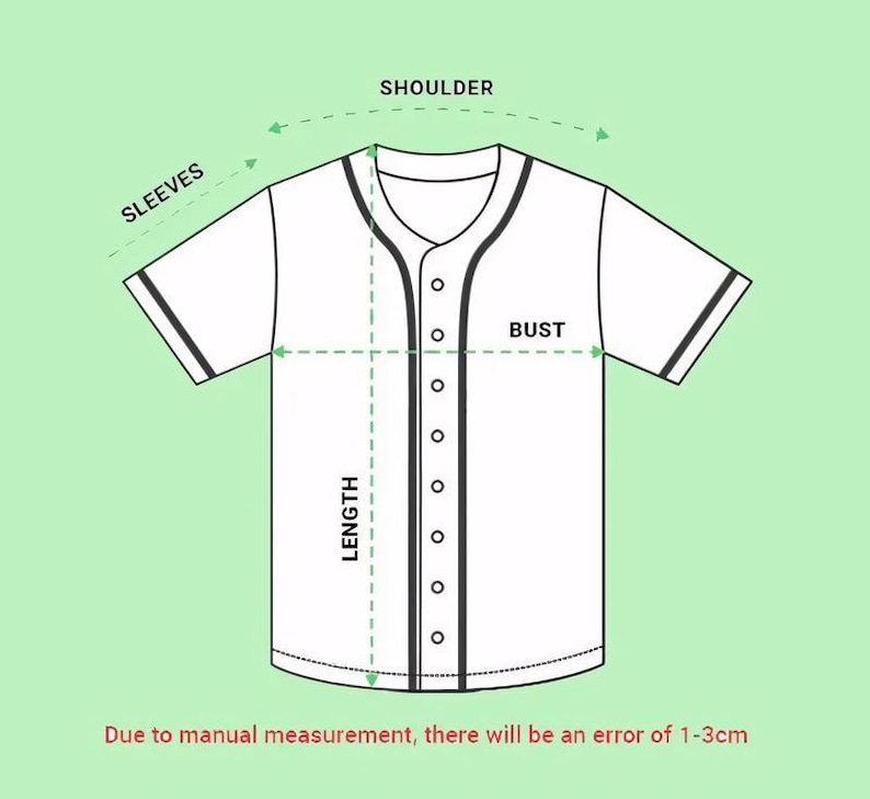 May include: A white baseball jersey with black trim, featuring labeled measurements for shoulder, sleeves, bust, and length. The text indicates a 1-3cm measurement error due to manual measurement. The jersey has a button-down front.