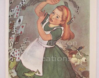 Vintage Alice in Wonderland Illustration, Alice and Flying Cards, Margorie Torrey, 1960's, Dandelion Library, Frameable Print