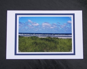 Photo Greeting Card, Beach Grass with Pacific Ocean in Background, Blue Sky with Clouds, Blank Inside