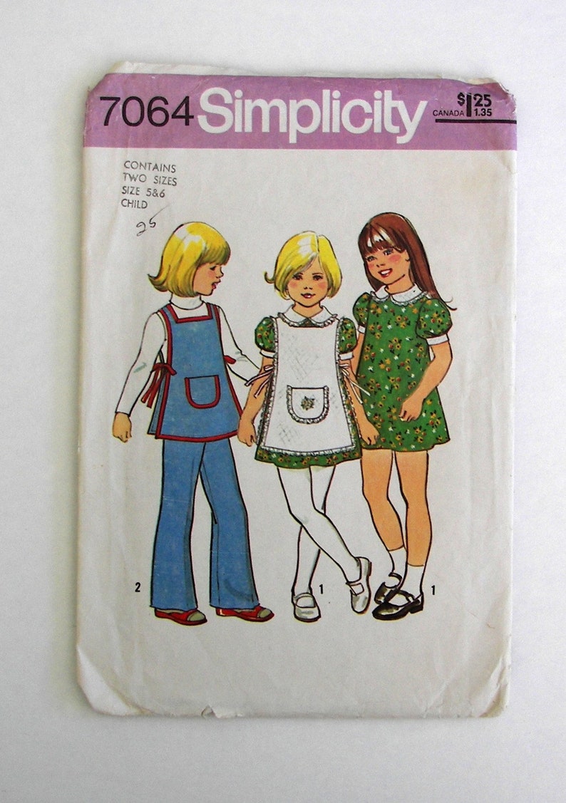 Simplicity 7064 Vintage Children's Dress, Apron, Pants Pattern Size 5 & 6 image 1