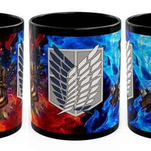 May include: Three black ceramic mugs with anime-style graphics. One mug features a character in front of a fiery background. Another displays a crest against a red and blue backdrop. The third mug shows a character with a weapon against a blue background.
