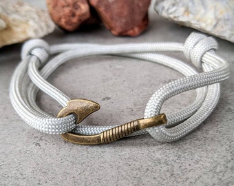 Adjustable Paracord Fish Hook Bracelet: Antique Bronze Fisherman Gift