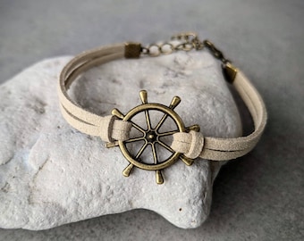 Ship Wheel Bracelet: Bronze Nautical Faux Suede Jewelry