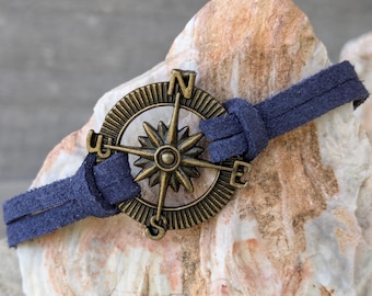 Faux Suede Compass Bracelet: Antique Bronze Charm