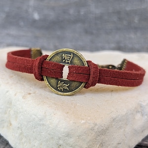 Chinese Coin Bracelet: Faux Suede Lucky Charm Gift