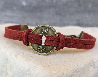 Chinese Coin Bracelet: Faux Suede Lucky Charm Gift