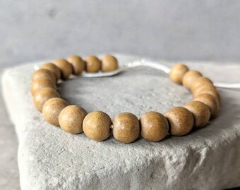 Tan Wood Bead Bracelet: Adjustable Yoga Gift