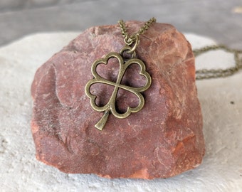 Shamrock Necklace, Good Luck Gifts, Four Leaf Clover Necklace Gold, Lucky Charm Gifts, Irish Jewelry for Women, Antique Bronze Necklace