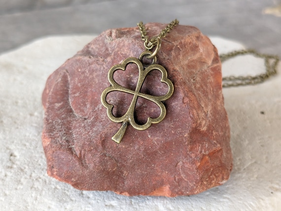Shamrock Necklace, Good Luck Gifts, Four Leaf Clover Necklace Gold, Lucky Charm Gifts, Irish Jewelry for Women, Antique Bronze Necklace