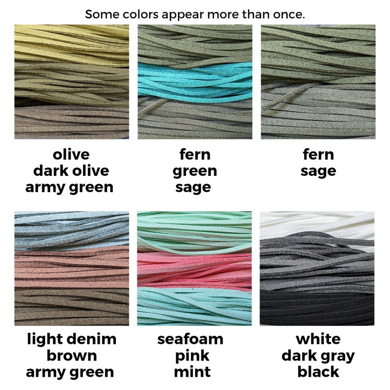 May include: A collection of 10 different colors of leather cord, including olive, dark olive, army green, fern green, sage, light denim, brown, seafoam, pink, mint, white, dark gray, and black.