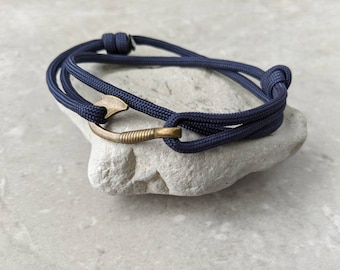 Navy Blue Paracord Fish Hook Bracelet: Adjustable Nautical Jewelry