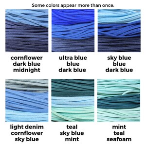 Pode incluir: Uma carta de cores que mostra diferentes tons de azul. As cores s&atilde;o etiquetadas com nomes como azul-de-lis, azul escuro, meia-noite, azul ultra, azul-celeste, denim claro, azul-turquesa, menta e espuma do mar.