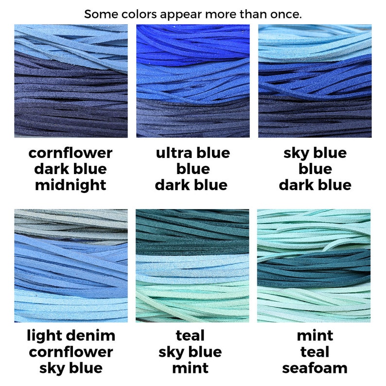 May include: A color chart showing different shades of blue, including cornflower, dark blue, midnight, ultra blue, sky blue, light denim, teal, mint, and seafoam.