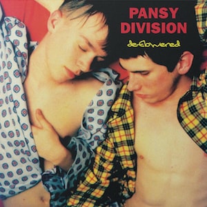 May include: Album cover for "de-ebwered" by Pansy Division. Two people are lying down, one wearing a patterned shirt and the other a yellow and red plaid shirt. The album title is in red, with the band name above it.