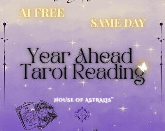 May include: A purple and white graphic promoting a "Year Ahead Tarot Reading." The text includes "AI FREE" and "SAME DAY." The image features tarot cards, stars, and the "HOUSE OF ASTRALIS" logo.