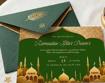 Ramadan Iftar Dinner Invitation Template | Emerald Green Gold Mosque Design (Digital Download)