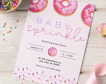 Baby Sprinkle Invitation Template | Editable Pink Donut Baby Shower Invite | Instant Download