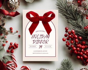 Christmas Dinner Invitation Template, Holiday Party Invite, Red Bow Arch, Editable Canva, Printable 5x7