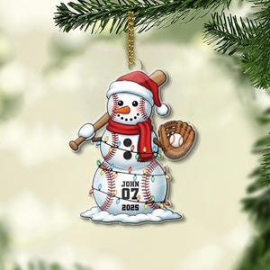 Personalized Sports Snowman Christmas Ornament 2025, Customized Name & Number, Baseball Football Hockey Gift, Double Sided Acrylic Keepsake
