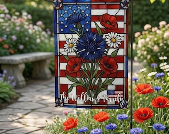 PERSONALIZED Patriotic Garden Flag, Stained Glass USA Floral Flag, Custom Family Name Outdoor Decor,Summer Garden, 4th of July Yard Gift