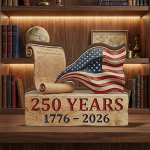 May include: A wooden sculpture celebrating 250 years, with a carved American flag and a scroll of the Declaration of Independence. The base displays "250 YEARS 1776-2026" in red and blue. The sculpture is set against a wooden bookshelf background.