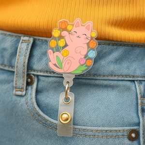 Cute Puppy Cat Badge Reel Acrylic Dog ID Clip for Nurses Office Staff Vet Tech Gift for Coworkers Friends Animal Lovers Cute Work Accessory