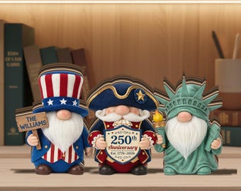 Letrero de madera personalizado con gnomo patriótico, decoración para el 250 aniversario, adorno personalizado para estante con nombre familiar, estatua de la libertad del tío Sam, regalo del 4 de julio