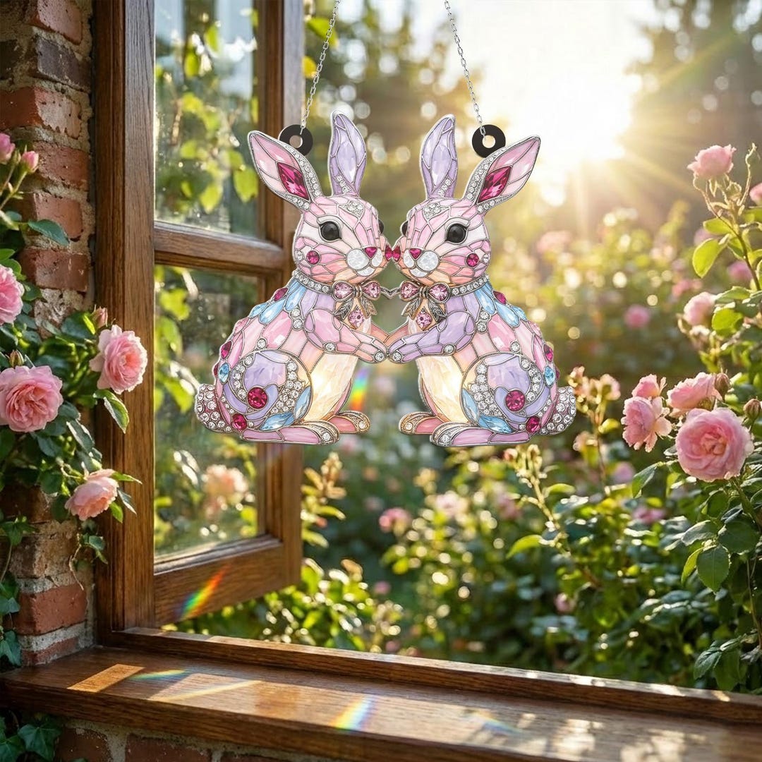 Stained Glass Bunny Suncatcher Window Hanging, Rabbit Couple Love Art ...
