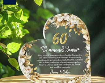 Regalo per il 60° anniversario: targa personalizzata per l'anniversario di diamante con nomi e data personalizzati, insegna in acrilico con motivo floreale, rinnovo delle promesse nuziali, regalo 2026