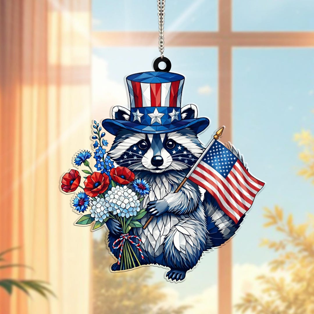 Sam The Racoon Patriotic Raccoon Suncatcher, Uncle Sam Window Hanging, 4th of July ...