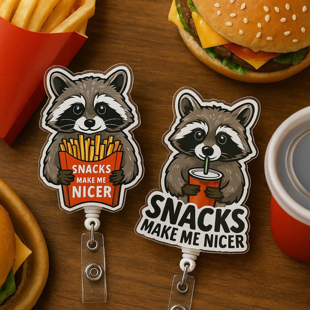 Funny Raccoon Badge Reel Cute Snack ID Holder Burger Fries Hotdog