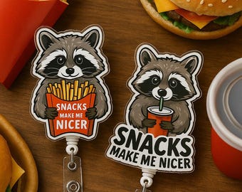 Funny Raccoon Badge Reel Cute Snack ID Holder Burger Fries Hotdog Drink Gift for Coworker Friend Him Her Nurse Work Accessory Office Clip