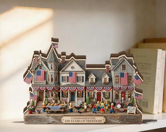 Patriotic Wooden Block Decor, 250 Years of Freedom Sign, Semiquincentennial Village Shelf Art, July 4th Americana Home Gift, USA, 2D Flat