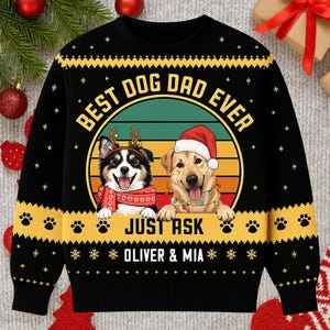 Maglione personalizzato "Best Dog Dad Ever" con razza di cane, brutto maglione natalizio personalizzato con nome dell'animale, regalo per lui, felpa retrò per le vacanze della mamma del cane