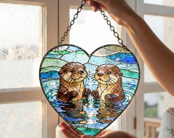 Stained Glass Heart Suncatcher, Otter Couple Window Hanging Decor, Handmade Love Gift, Anniversary Valentine Present, Nature Animal Art