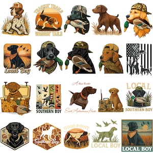 May include: A selection of dog illustrations, many wearing caps and holding ducks, with text such as "Trackin' Trails" and "Local Boy". The designs feature a range of breeds in shades of brown, green, and orange.