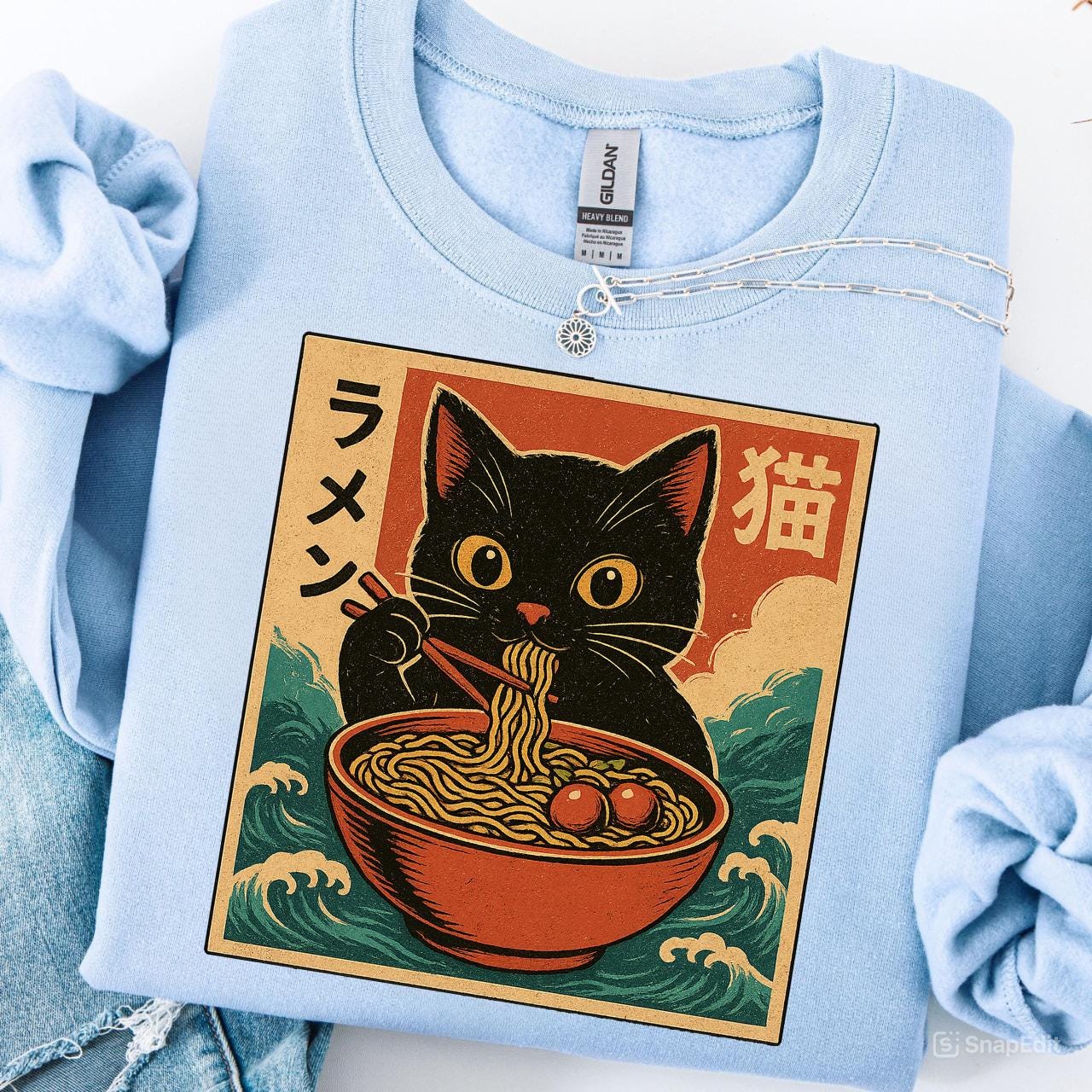 Kawaii Cat Eating Ramen PNG | Funny Japanese Anime Noodle Cat Art ...