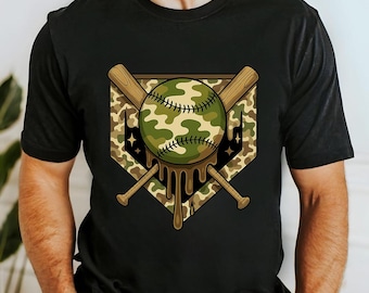 Camo Baseball PNG, Dripping Baseball Clipart, Military Camouflage Sports Design for Sublimation, Shirts, Tumblers, Digital Download