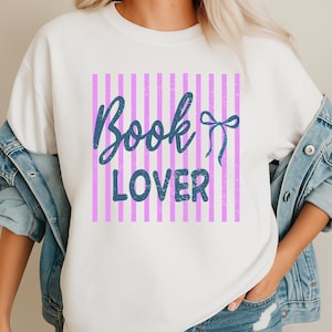 Book Lover PNG- Retro Striped Reading Design- Cute Bow Bookish Graphic- Reader Gift- Library Aesthetic Sublimation- Instant Download PNG