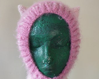 Power Pink Pussy Kitty Balaclava Hat Hood Fuzzy Stripes Cat Ears Hand Knit Size Adult Small to Large