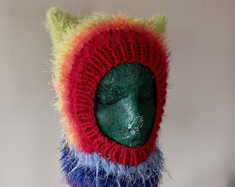 Pride Rainbow LGBTQ+ Fuzzy Kitty Cat Ears Hand Knit Hood Balaclava Hat Fundraiser for the Trevor Project Size Adult Small/Medium to Large